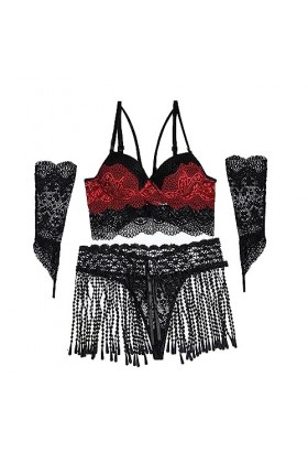 ZDJSWJ Femmes Lacets Franges sous-vêtements Dentelle V-Cou poupée Robe de Sommeil Soutien-Gorge Pantalons Ensemble Pyjama sou