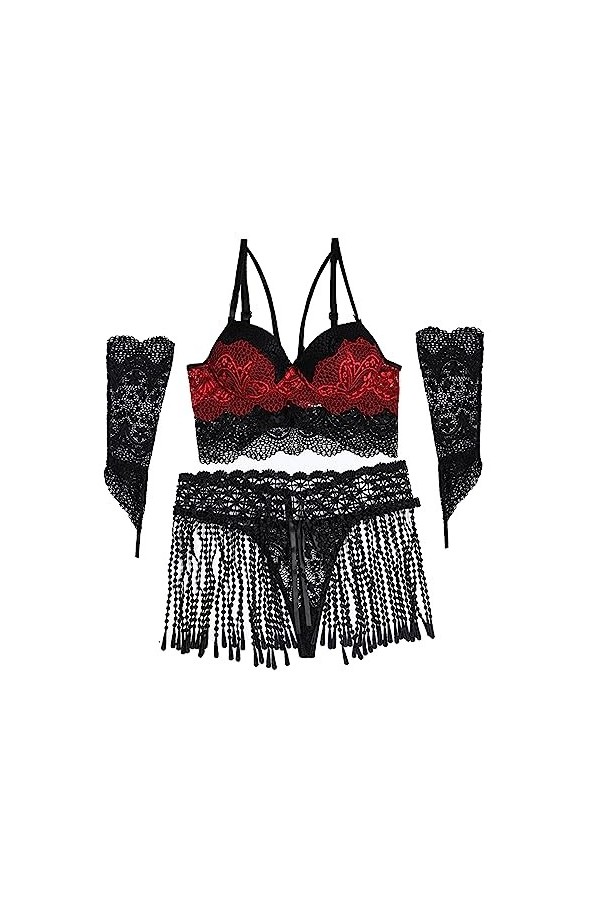 ZDJSWJ Femmes Lacets Franges sous-vêtements Dentelle V-Cou poupée Robe de Sommeil Soutien-Gorge Pantalons Ensemble Pyjama sou