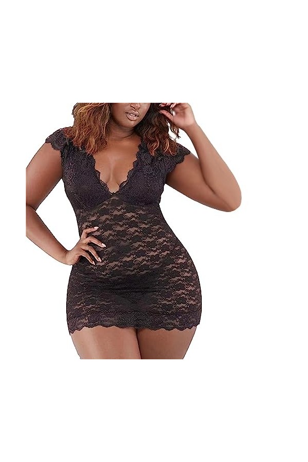 ZDJSWJ Femmes Dentelle Teddy Pyjama Deep V Back Body poupée sous- vêtements Mini Mesh sous-vêtements Pyjama Noir,4XL 