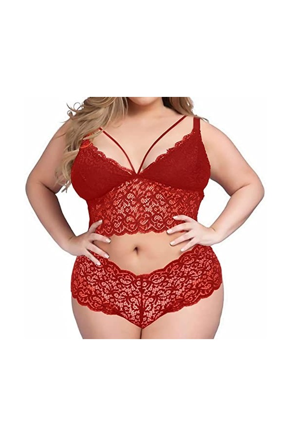 XIUH Plus Size Lingerie Sexy Col V Taille Haute Dentelle Fleur Soutien-gorge et Culotte Ensemble 2 Pièces Sans Armatures Dent