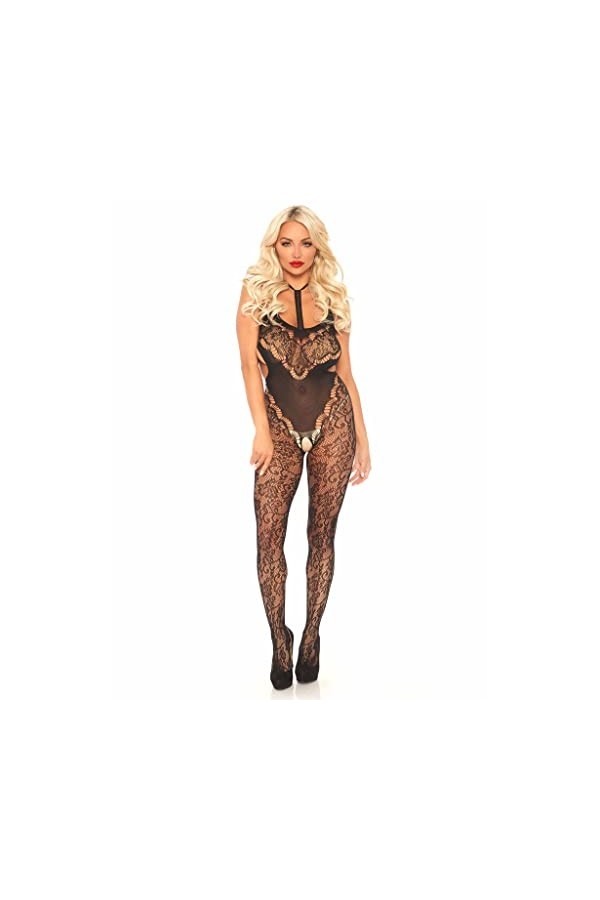 Leg Avenue 89235 Bodystocking Licou en Dentelle Florale Noir Taille Unique EUR 34-38