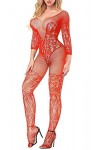 Acizi Body sexy en résille à manches longues - Rouge - Taille Unique