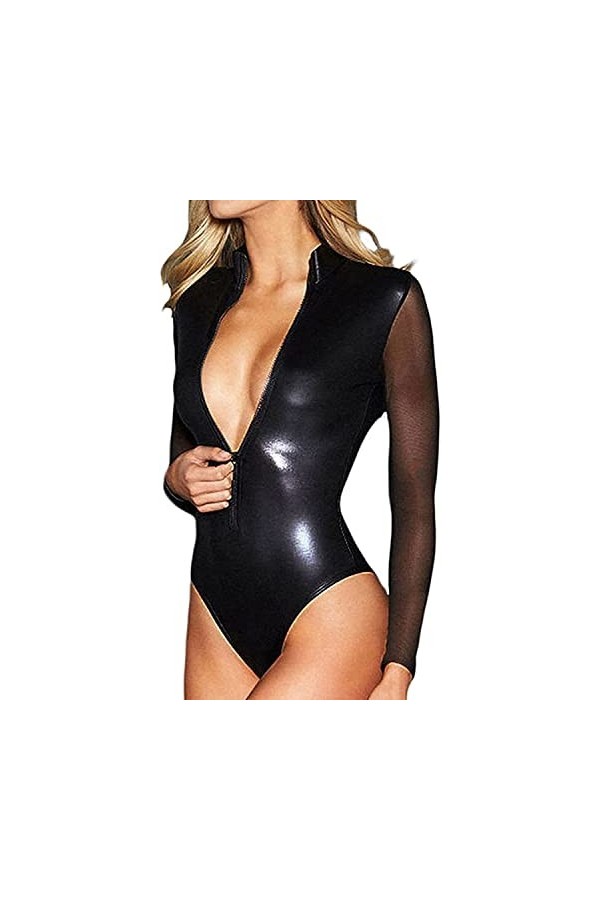 JEShifangjiusu Femmes Manches Longues Zip Front Wettlook Leotard Similicuir Teddy Lingerie Leotard Zip Deep V Lingerie Clubwe