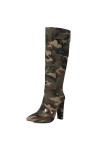 WOkismD 11CM / 4.33IN Bout pointu Lâche Épais Haut Talon Genou-Haute Bottes Camouflage Haute Bottes Manches Poche Grande Tail