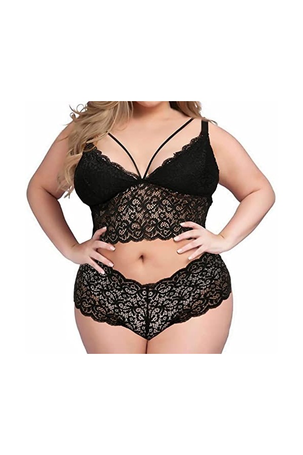 XIUH Plus Size Lingerie Sexy Col V Taille Haute Dentelle Fleur Soutien-gorge et Culotte Ensemble 2 Pièces Sans Armatures Dent