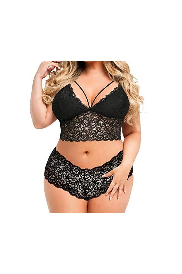 XIUH Plus Size Lingerie Sexy Col V Taille Haute Dentelle Fleur Soutien-gorge et Culotte Ensemble 2 Pièces Sans Armatures Dent