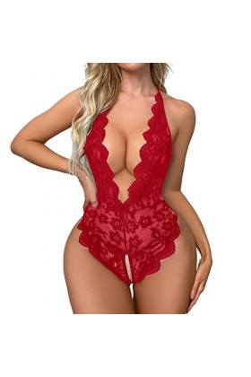 Body sexy pour femme - Lingerie en dentelle - Lingerie sexy - Body en peluche - Col en V profond - Chemise de nuit - Nuisette