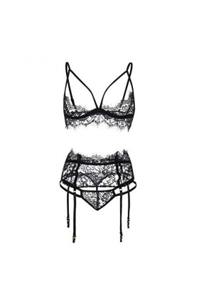 Ensemble Lingerie Sexy Femme éRotique 3 Pieces Dentelle Cuisse Jarretière Soutien-Gorge et Ensembles de Culottes Elasticité F