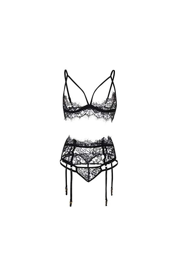 Ensemble Lingerie Sexy Femme éRotique 3 Pieces Dentelle Cuisse Jarretière Soutien-Gorge et Ensembles de Culottes Elasticité F