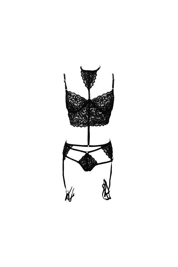 Ensemble de lingerie sexy pour femme avec bretelles en dentelle et soutien-gorge 1/4, Noir , L