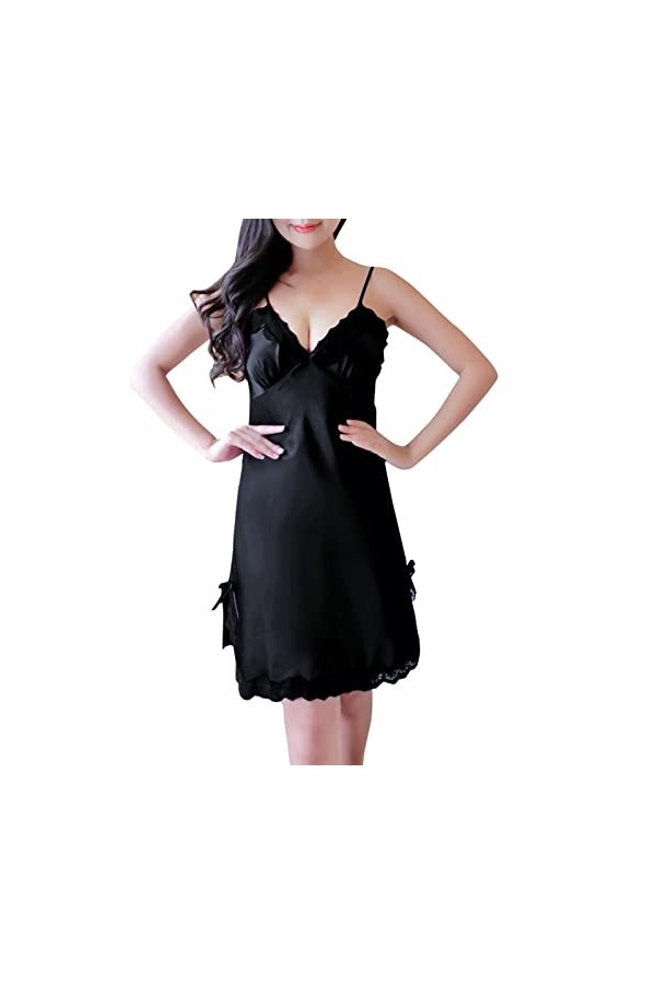 PANPANY Nightdress Sleepwear Sexy Spaghetti Night Wear Dress Strap Dentelle Femmes Hem Lingerie Lacets Black, XXL 