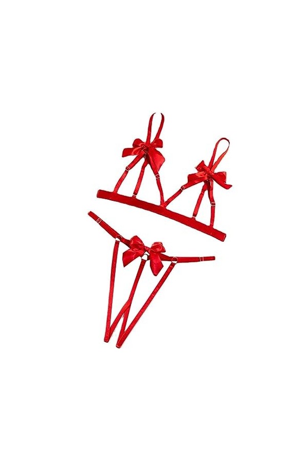 Nuisette Rouge Ensemble de Deux pièces de sous-vêtements Sexy Creux avec nœud et Poitrine Ouverte pour Femmes Lingerie Sexy E