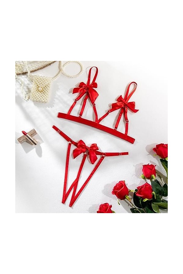 Nuisette Rouge Ensemble de Deux pièces de sous-vêtements Sexy Creux avec nœud et Poitrine Ouverte pour Femmes Lingerie Sexy E