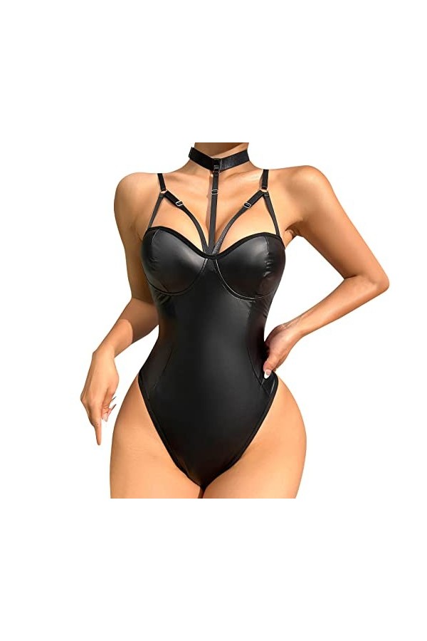 Sans Manches Top Justaucorps Combinaison Lingerie pour femmes 1 PC cuir Teddy body Lingerie Sexy découpe épaules dénudées joi