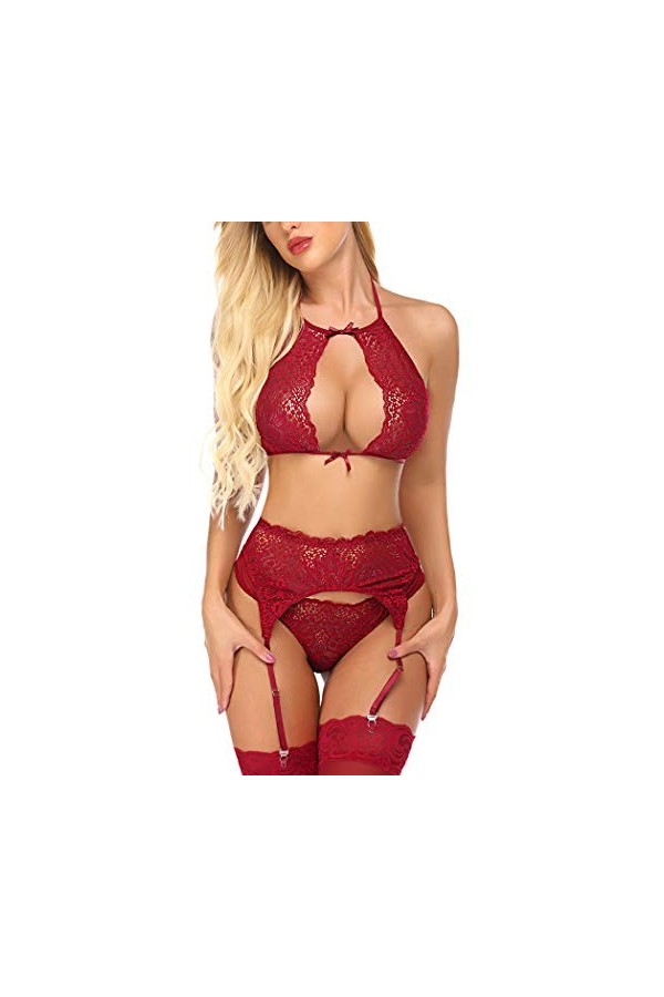 wearella Ensemble de lingerie sexy pour femme avec jarretière avec dentelle ras du cou Sous-vêtements en peluche et soutien-g