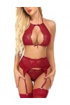 wearella Ensemble de lingerie sexy pour femme avec jarretière avec dentelle ras du cou Sous-vêtements en peluche et soutien-g