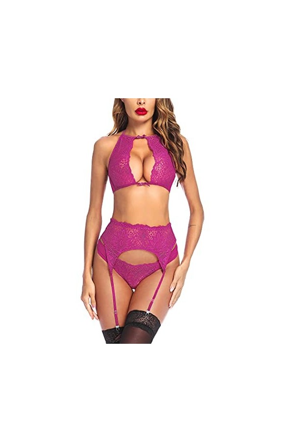 wearella Ensemble de lingerie sexy pour femme avec jarretière avec dentelle ras du cou Sous-vêtements en peluche et soutien-g