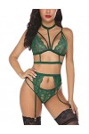 wearella Ensemble de lingerie sexy pour femme avec jarretière avec dentelle ras du cou Sous-vêtements en peluche et soutien-g
