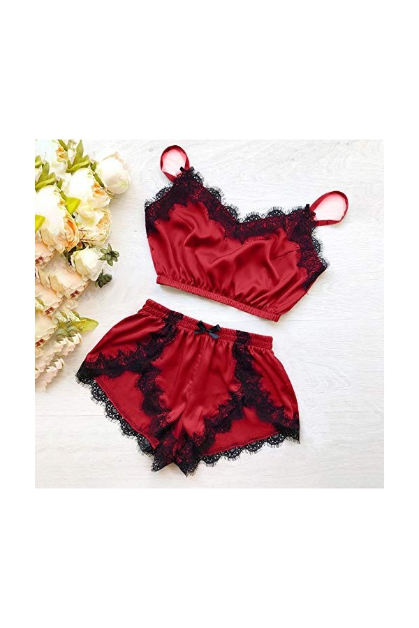 liaddkv Ensemble Femme Col V Dentelle Nourriture Cils Sexy Lingerie Enseignante, rouge, S