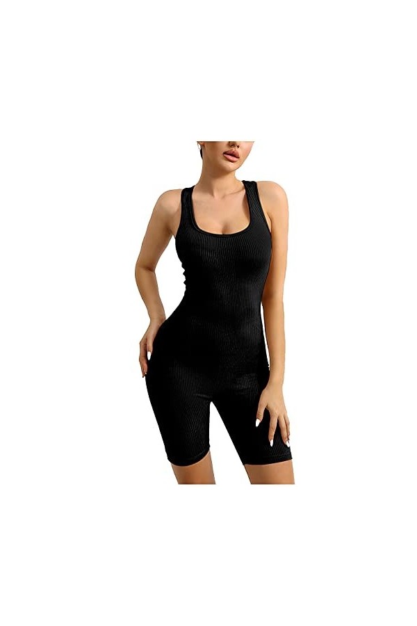 Joukavor Combinaison moulante sexy pour femme - Une pièce - Sans manches - Combinaison courte - noir - Taille XL