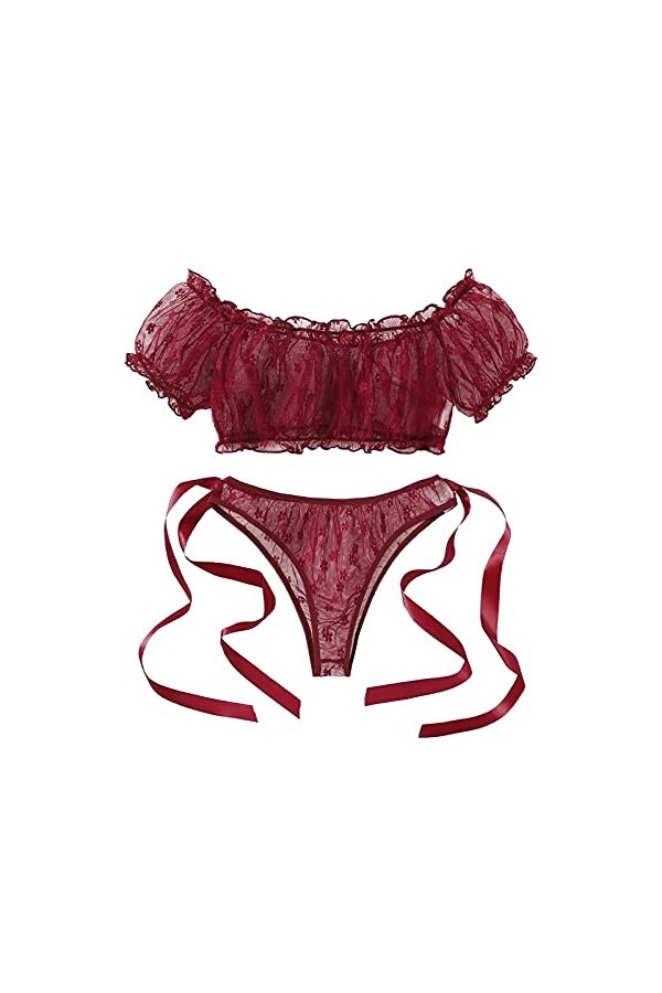 Lingerie Sexy Femme Broderie G-String Le Polyester pour shabiller à lextérieur Lady Costume Sexy Coquine Hot Wine, L 