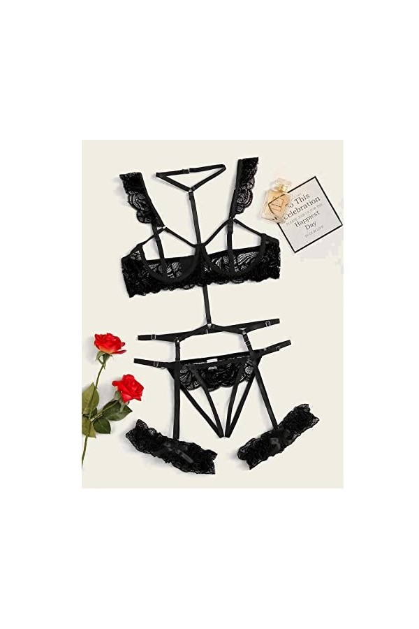 Viunychn Lingerie sexy pour femme - Lingerie érotique - Lingerie sexy - Dentelle rouge - Sous-vêtements push-up - Costume de 