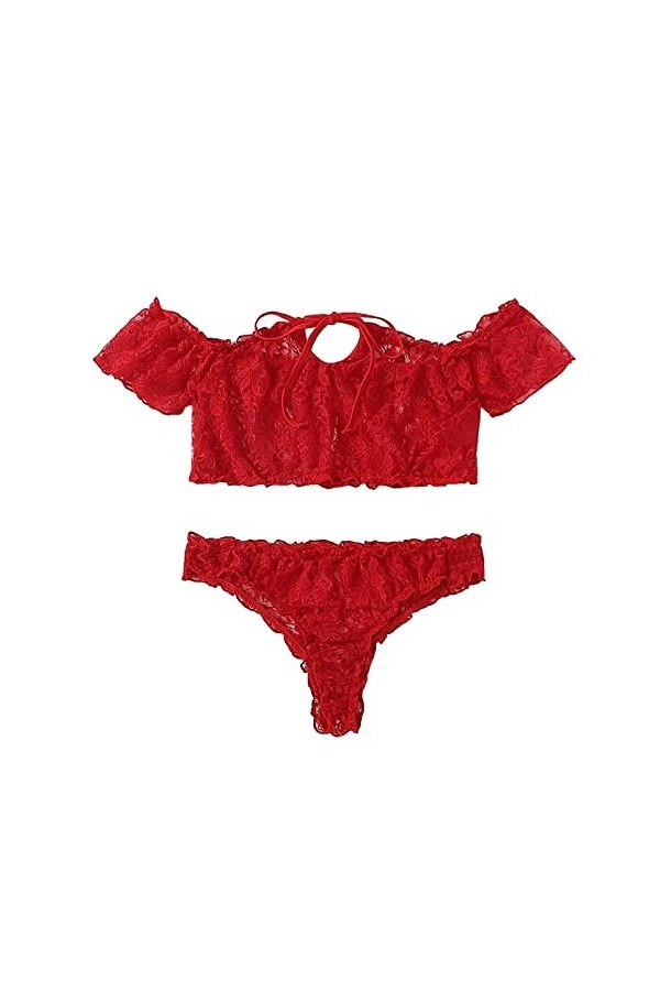 Femmes s Outings Pyjama 2 pièces en dentelle à manches courtes en latex sexy, rouge, S