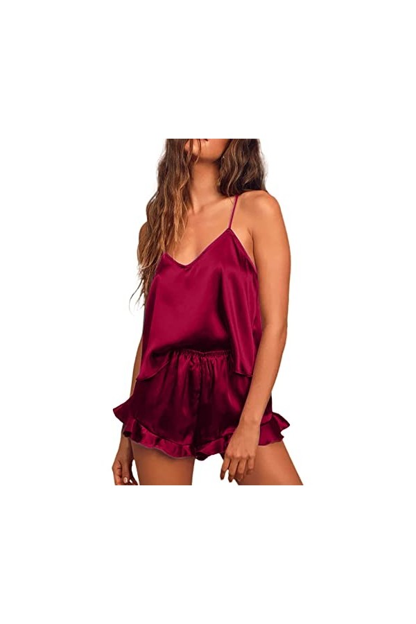 IKFIVQD Lingerie sexy en dentelle pour femmes, vêtements de nuit décontractés, ensemble de couleur unie, col en V, camisole à