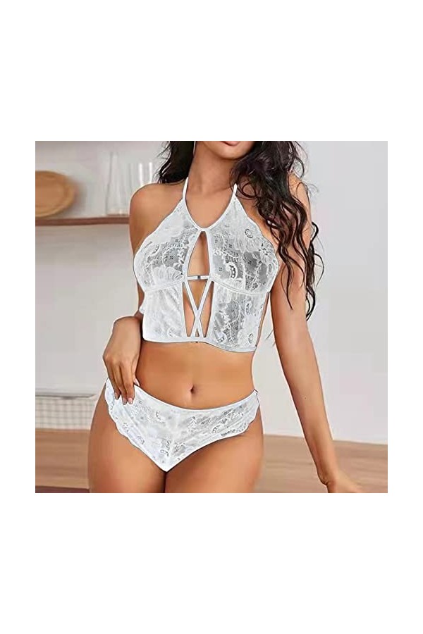 Sexy Femme Dentelle Blouse Sous-Vêtements Costume Laçage Réglable Dos Nu Lingerie Lingerie Bleu Femme, Blanc., XXXL