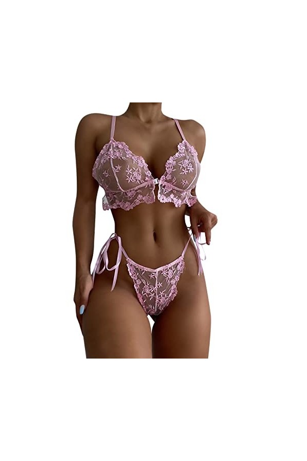 Viunychn Ensemble de lingerie 2 pièces pour femme avec volants et lanières scintillants, transparents, dentelle sexy, lacets,