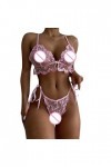 Viunychn Ensemble de lingerie 2 pièces pour femme avec volants et lanières scintillants, transparents, dentelle sexy, lacets,
