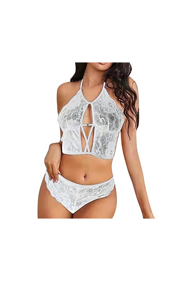 Sexy Femme Dentelle Blouse Sous-Vêtements Costume Laçage Réglable Dos Nu Lingerie Lingerie Bleu Femme, Blanc., L