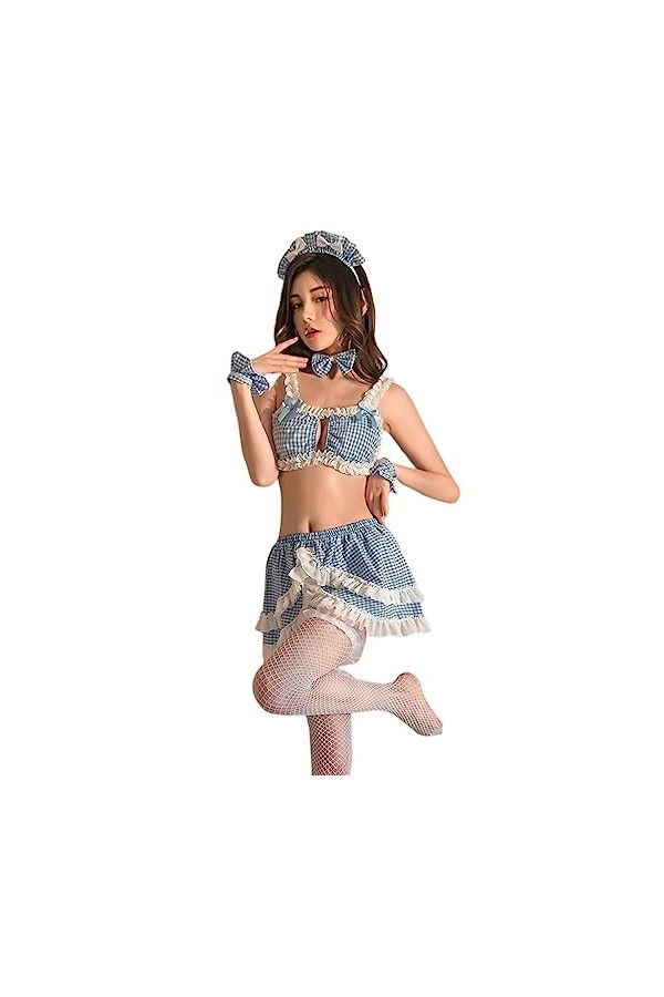 QNCLO Femmes Sexy Femme Vêtements de Soubrette Cosplay Dentelle Halloween Poupée Sous-vêtements Bleu