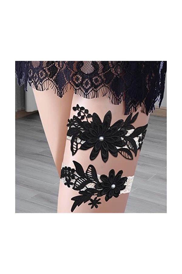 Fulenyi Mariage - Jarretière en Dentelle avec Marguerite,Ceinture Jarretelles Florales, Cadeau Mariage Perles Cousues à la Ma
