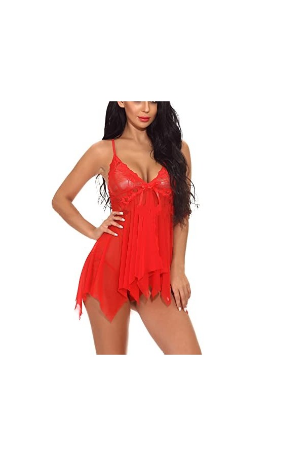 Mode Sexy Bow Dentelle vêtements de Nuit Lingerie Tentation sous-vêtements Chemise de Nuit Collants Et Sexy Red, L 