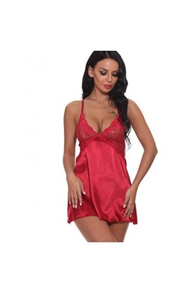 PANPANY Pyjama Silk Sleepwear Sexy Femmes sans Fil Dentelle sans Rimless Nuit de Nuit sous-vêtements Lingerie en Cuir Red, X