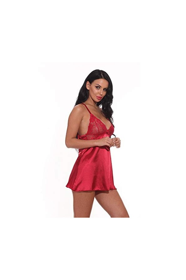 PANPANY Pyjama Silk Sleepwear Sexy Femmes sans Fil Dentelle sans Rimless Nuit de Nuit sous-vêtements Lingerie en Cuir Red, X