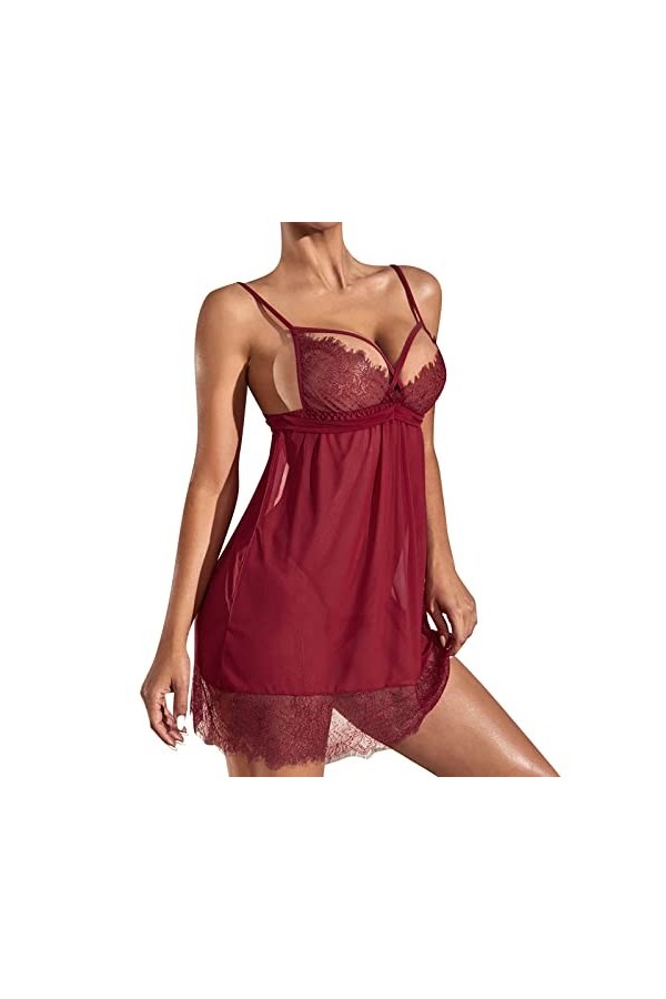 Luckywaqng Ensemble lingerie sexy avec col en V ouvert sur le devant pour femme, rouge, S