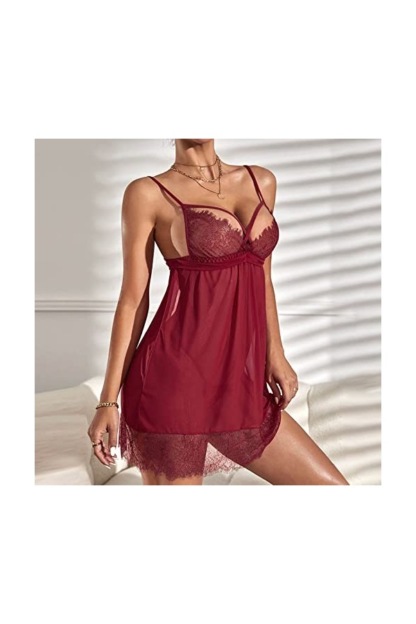 Luckywaqng Ensemble lingerie sexy avec col en V ouvert sur le devant pour femme, rouge, S