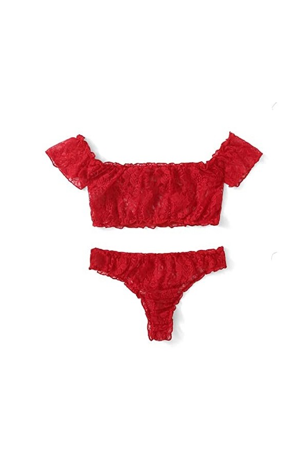 Femmes s Outings Pyjama 2 pièces en dentelle à manches courtes en latex sexy, rouge, L