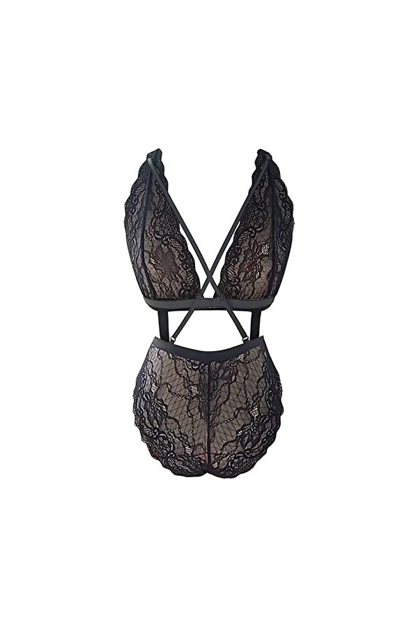 LDadgf Combinaison sexy en dentelle creuse pour femme - Trois points - Taille haute sexy - Grande taille, Noir , XXL
