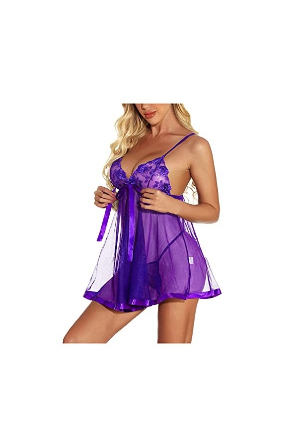 Nuisette pour femme - Lingerie sexy - En dentelle - Col en V profond - Doux et extensible - Nuisette sexy, Violet, XXXL