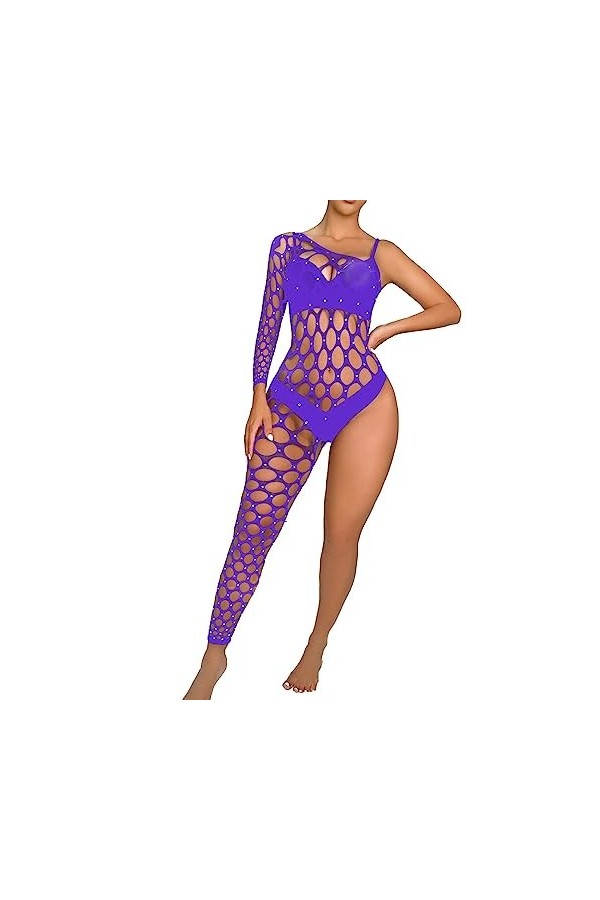 Générique Déguisement Sexy Adulte Womens Handmade Diamond Sparkling Lingerie Single Sleeve Leg Jumpsuit Mesh Body Montant P