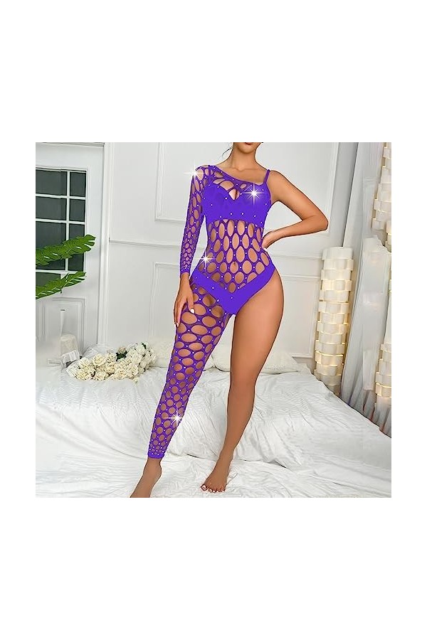 Générique Déguisement Sexy Adulte Womens Handmade Diamond Sparkling Lingerie Single Sleeve Leg Jumpsuit Mesh Body Montant P
