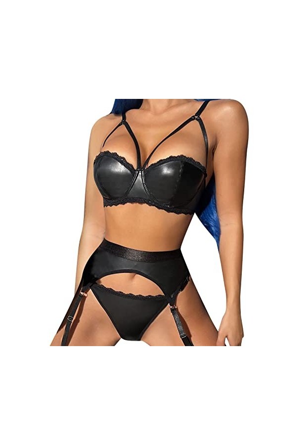 iYmitz Lingerie Sexy pour Femmes Trois pièces sous-vêtements chaîne Cou Taille Joint Lourd Artisanat Sexy Lingerie Robe Sexy 