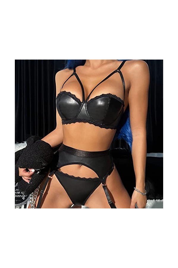 iYmitz Lingerie Sexy pour Femmes Trois pièces sous-vêtements chaîne Cou Taille Joint Lourd Artisanat Sexy Lingerie Robe Sexy 