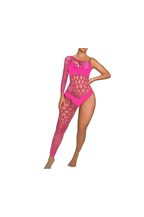Générique Déguisement Sexy Adulte Womens Handmade Diamond Sparkling Lingerie Single Sleeve Leg Jumpsuit Mesh Body Montant H