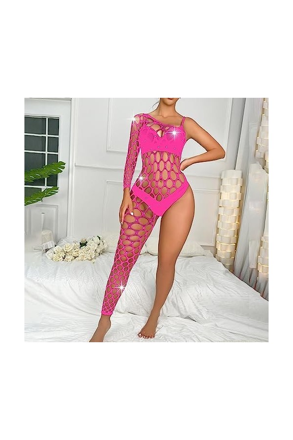 Générique Déguisement Sexy Adulte Womens Handmade Diamond Sparkling Lingerie Single Sleeve Leg Jumpsuit Mesh Body Montant H