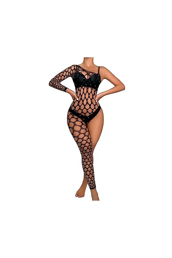 Générique Déguisement Sexy Adulte Womens Handmade Diamond Sparkling Lingerie Single Sleeve Leg Jumpsuit Mesh Body Montant B