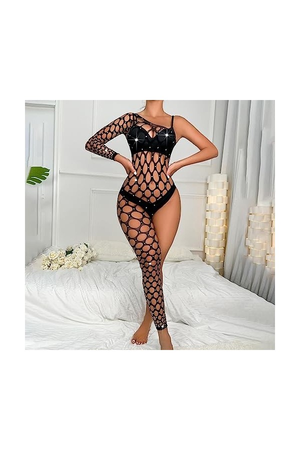 Générique Déguisement Sexy Adulte Womens Handmade Diamond Sparkling Lingerie Single Sleeve Leg Jumpsuit Mesh Body Montant B